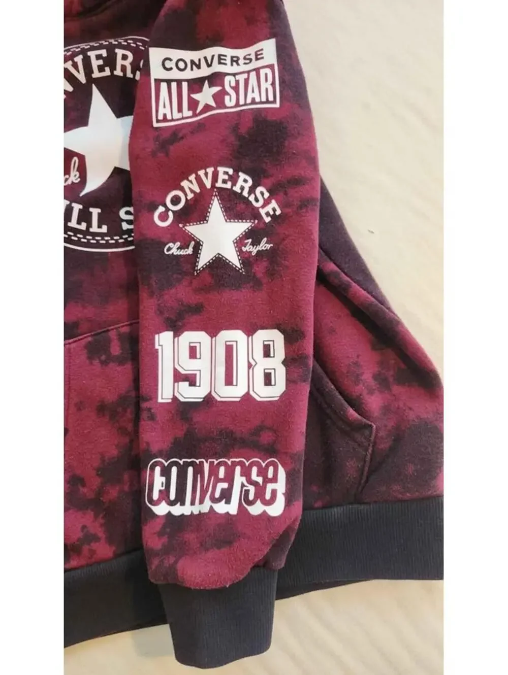 CONVERSE ALL STAR HOODIE SZ 7 Maroon & Black Tie Dye with Kangaroo Pouch